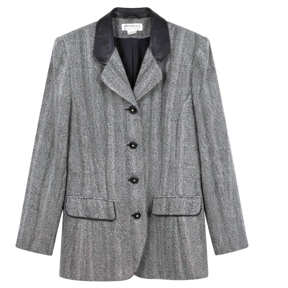 Individual by Framework Vintage Retro Herringbone Blazer Faux Leather Collar 12